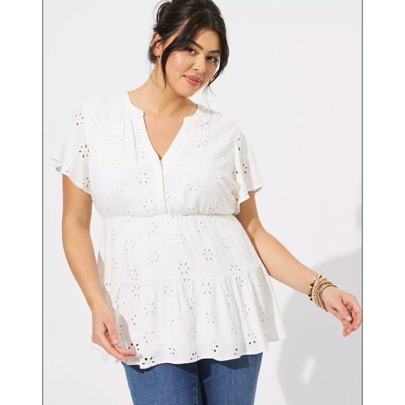 NEW Torrid Womens Babydoll Eyelet Tiered Top Size 1X White Bridal Rehearsal Soft - Picture 1 of 16